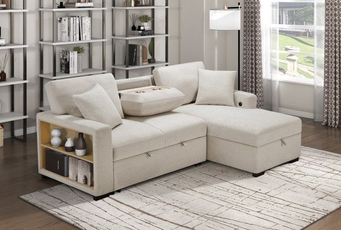 Homelegance 9630BE-2LRC 2 pc Monterey beige boucle fabric sectional sofa pop up sleep area storage chaise and drop down table tray