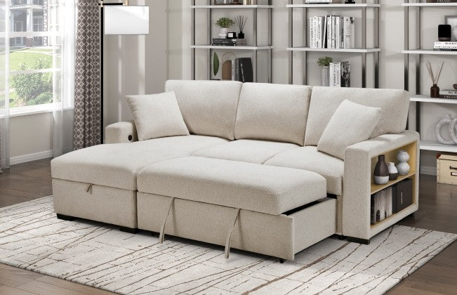 Homelegance 9630BE-2LC2R 2 pc Monterey beige boucle fabric sectional sofa pop up sleep area storage chaise and drop down table tray