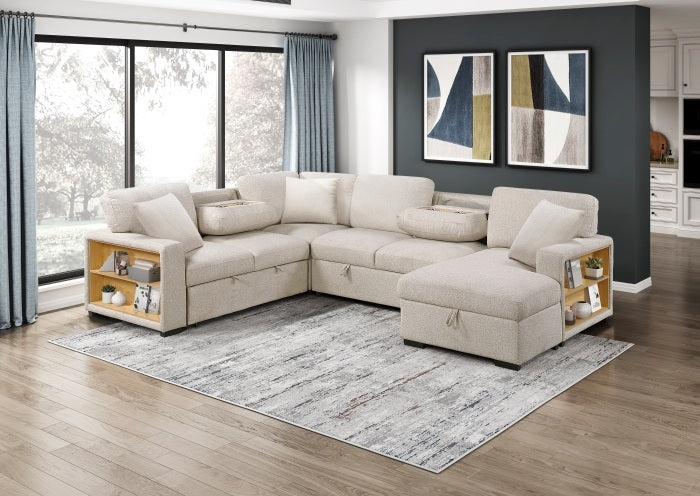 Homelegance 9630BE-42LRC 4 pc Pompano beige boucle fabric sectional sofa pop up sleep area storage chaise and love seat storage arms