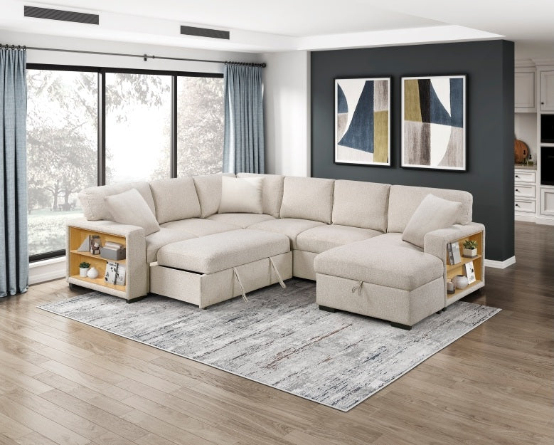 Homelegance 9630BE-42LRC 4 pc Pompano beige boucle fabric sectional sofa pop up sleep area storage chaise and love seat storage arms