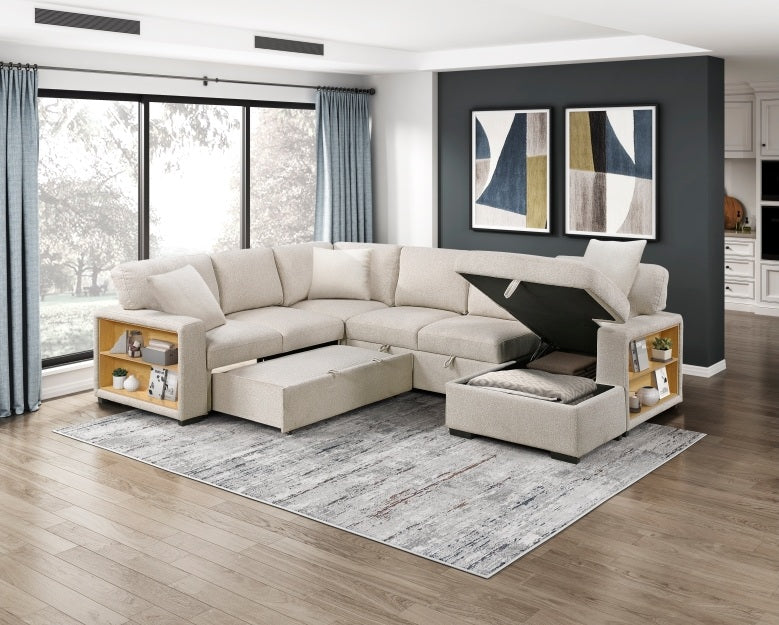 Homelegance 9630BE-42LRC 4 pc Pompano beige boucle fabric sectional sofa pop up sleep area storage chaise and love seat storage arms