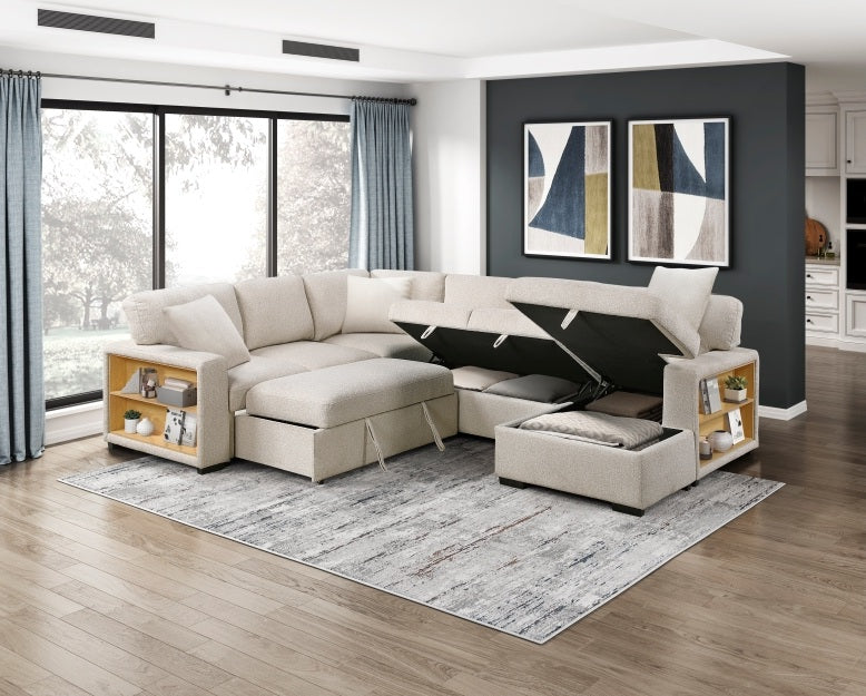 Homelegance 9630BE-42LRC 4 pc Pompano beige boucle fabric sectional sofa pop up sleep area storage chaise and love seat storage arms