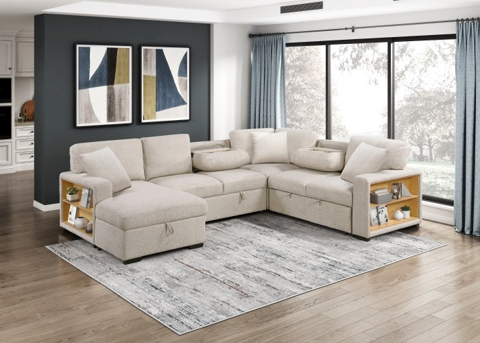 Homelegance 9630BE-4LC2R 4 pc Pompano beige boucle fabric sectional sofa pop up sleep area storage chaise and love seat storage arms
