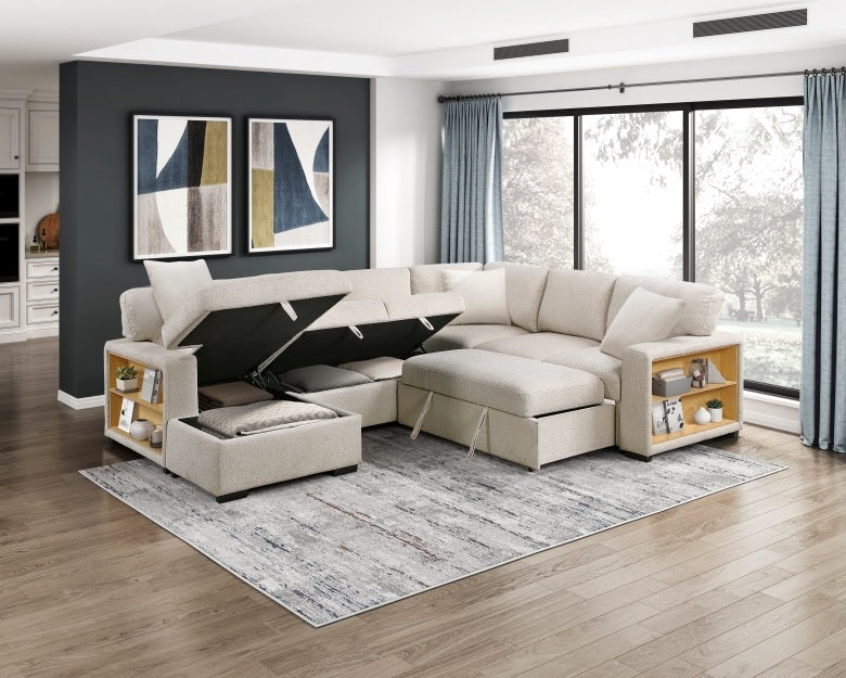 Homelegance 9630BE-4LC2R 4 pc Pompano beige boucle fabric sectional sofa pop up sleep area storage chaise and love seat storage arms