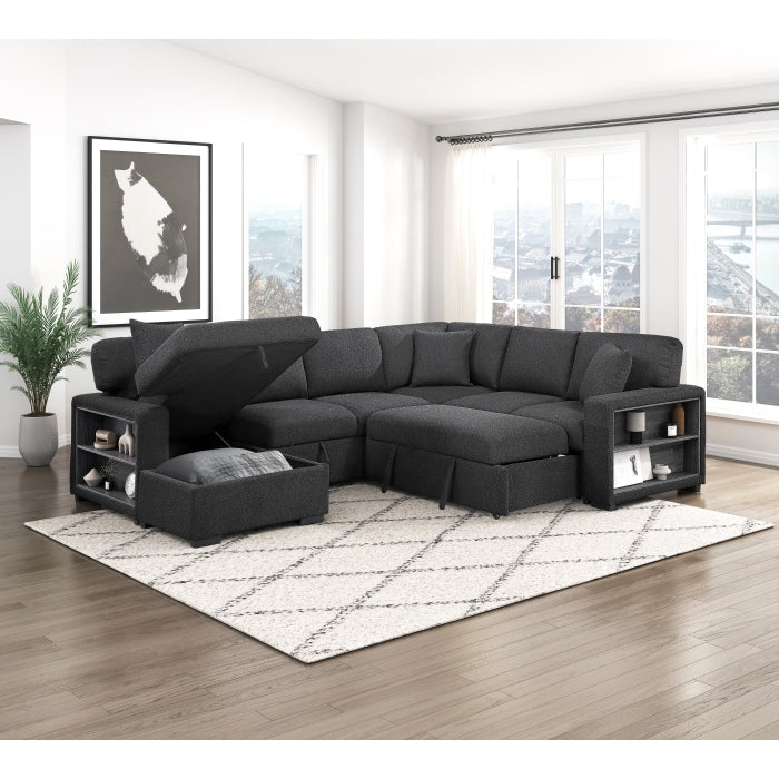 Pompano 4-Piece Black Boucle Fabric Sectional Sofa with Pop-Up Sleeper, Storage & Tray Tables – 9630BK-4LC2R