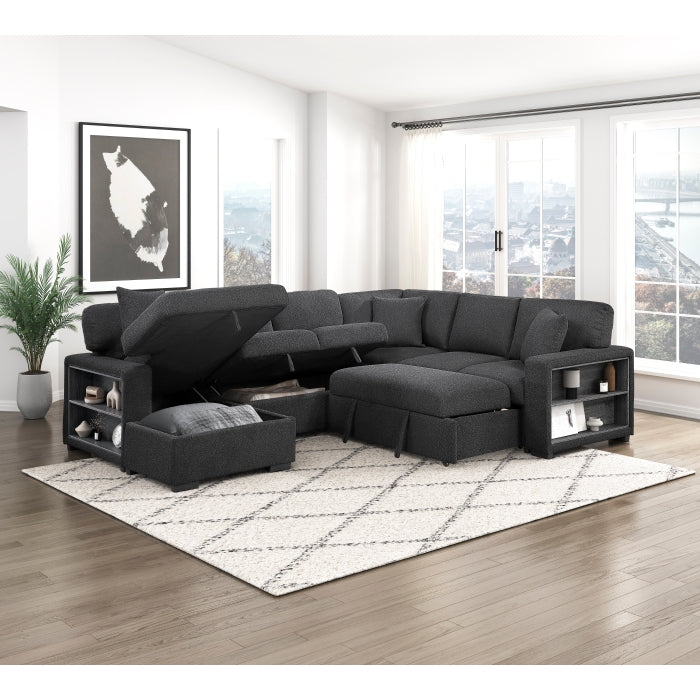 Pompano 4-Piece Black Boucle Fabric Sectional Sofa with Pop-Up Sleeper, Storage & Tray Tables – 9630BK-4LC2R