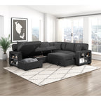 Pompano 4-Piece Black Boucle Fabric Sectional Sofa with Pop-Up Sleeper, Storage & Tray Tables – 9630BK-4LC2R