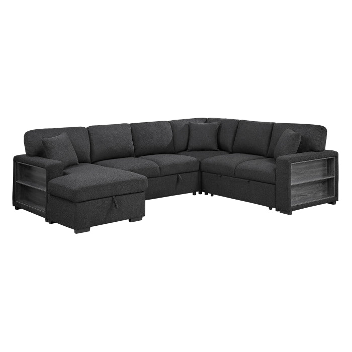 Pompano 4-Piece Black Boucle Fabric Sectional Sofa with Pop-Up Sleeper, Storage & Tray Tables – 9630BK-4LC2R