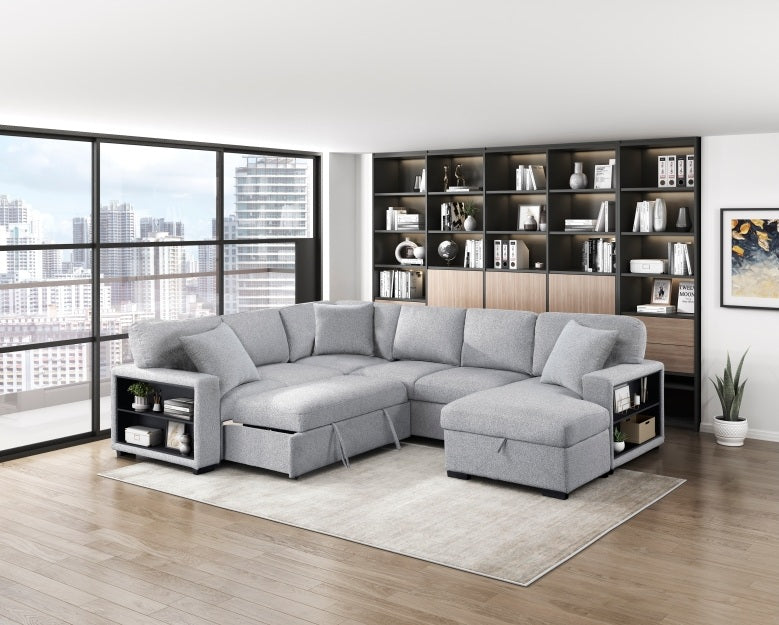 Homelegance 9630GY-42LRC 4 pc Pompano grey boucle fabric sectional sofa pop up sleep area storage chaise and love seat storage arms
