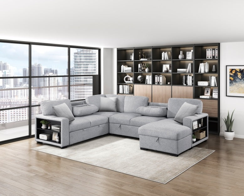 Homelegance 9630GY-42LRC 4 pc Pompano grey boucle fabric sectional sofa pop up sleep area storage chaise and love seat storage arms