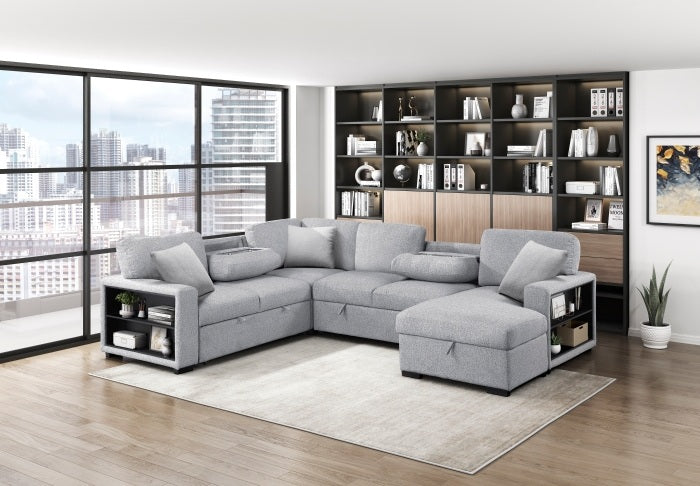 Homelegance 9630GY-42LRC 4 pc Pompano grey boucle fabric sectional sofa pop up sleep area storage chaise and love seat storage arms