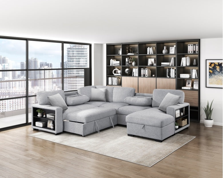 Homelegance 9630GY-42LRC 4 pc Pompano grey boucle fabric sectional sofa pop up sleep area storage chaise and love seat storage arms