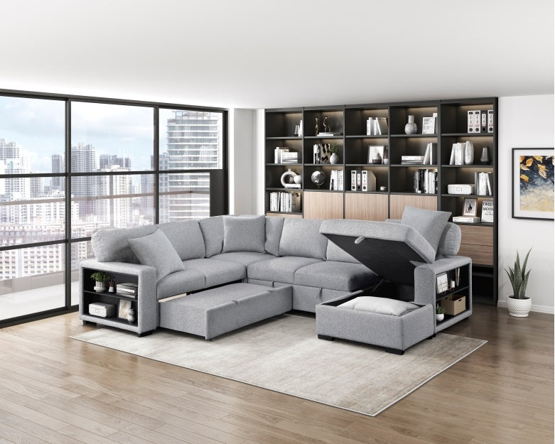 Homelegance 9630GY-42LRC 4 pc Pompano grey boucle fabric sectional sofa pop up sleep area storage chaise and love seat storage arms
