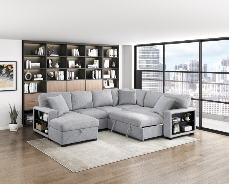 Homelegance 9630GY-4LC2R 4 pc Pompano grey boucle fabric sectional sofa pop up sleep area storage chaise and love seat storage arms