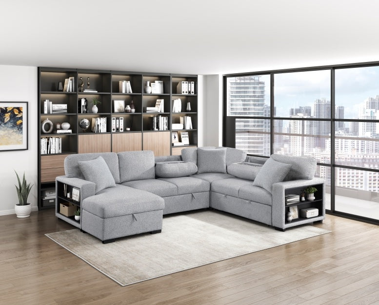 Homelegance 9630GY-4LC2R 4 pc Pompano grey boucle fabric sectional sofa pop up sleep area storage chaise and love seat storage arms