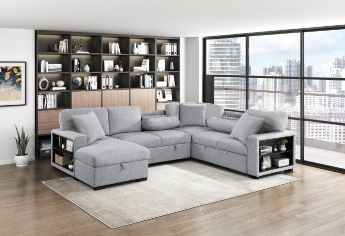 Homelegance 9630GY-4LC2R 4 pc Pompano grey boucle fabric sectional sofa pop up sleep area storage chaise and love seat storage arms