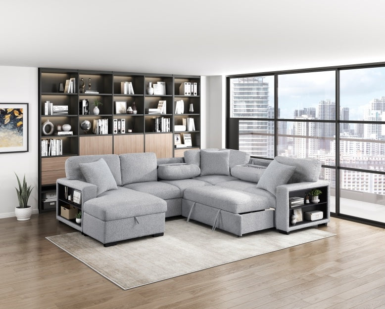Homelegance 9630GY-4LC2R 4 pc Pompano grey boucle fabric sectional sofa pop up sleep area storage chaise and love seat storage arms