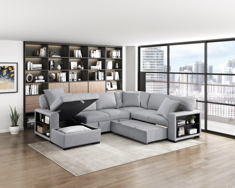 Homelegance 9630GY-4LC2R 4 pc Pompano grey boucle fabric sectional sofa pop up sleep area storage chaise and love seat storage arms