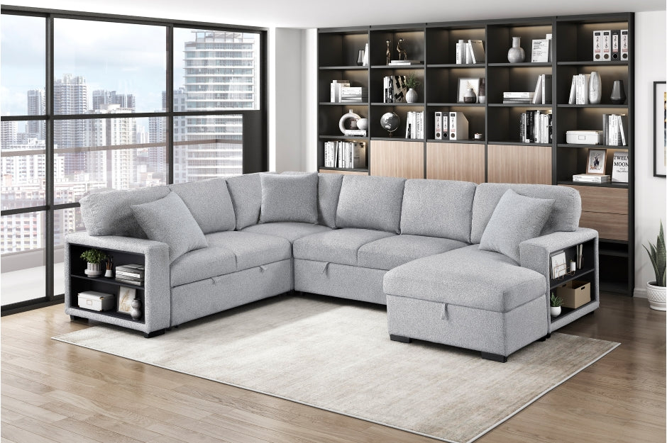 Homelegance 9630GY-42LRC 4 pc Pompano grey boucle fabric sectional sofa pop up sleep area storage chaise and love seat storage arms