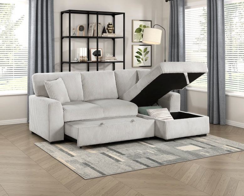 Homelegance 9633MNB-22LRC 2 pc Marsh grey corduroy fabric sectional sofa pop up sleep area storage chaise