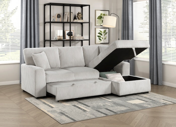 Homelegance 9633MNB-22LRC 2 pc Marsh grey corduroy fabric sectional sofa pop up sleep area storage chaise