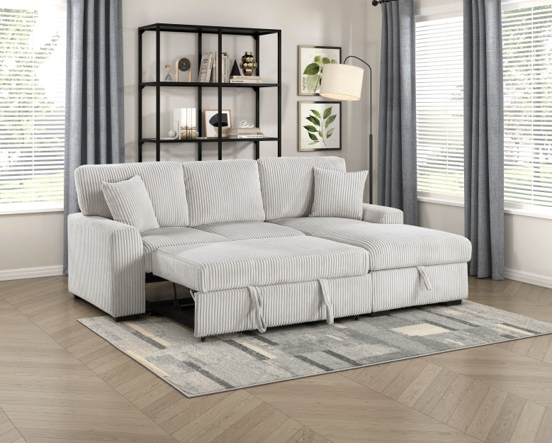 Homelegance 9633MNB-22LRC 2 pc Marsh grey corduroy fabric sectional sofa pop up sleep area storage chaise