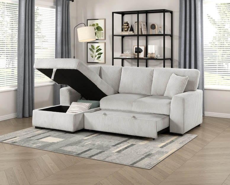 Homelegance 9633MNB-2LC2R 2 pc Marsh grey corduroy fabric sectional sofa pop up sleep area storage chaise