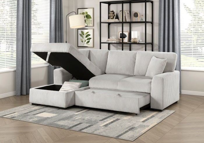 Homelegance 9633MNB-2LC2R 2 pc Marsh grey corduroy fabric sectional sofa pop up sleep area storage chaise