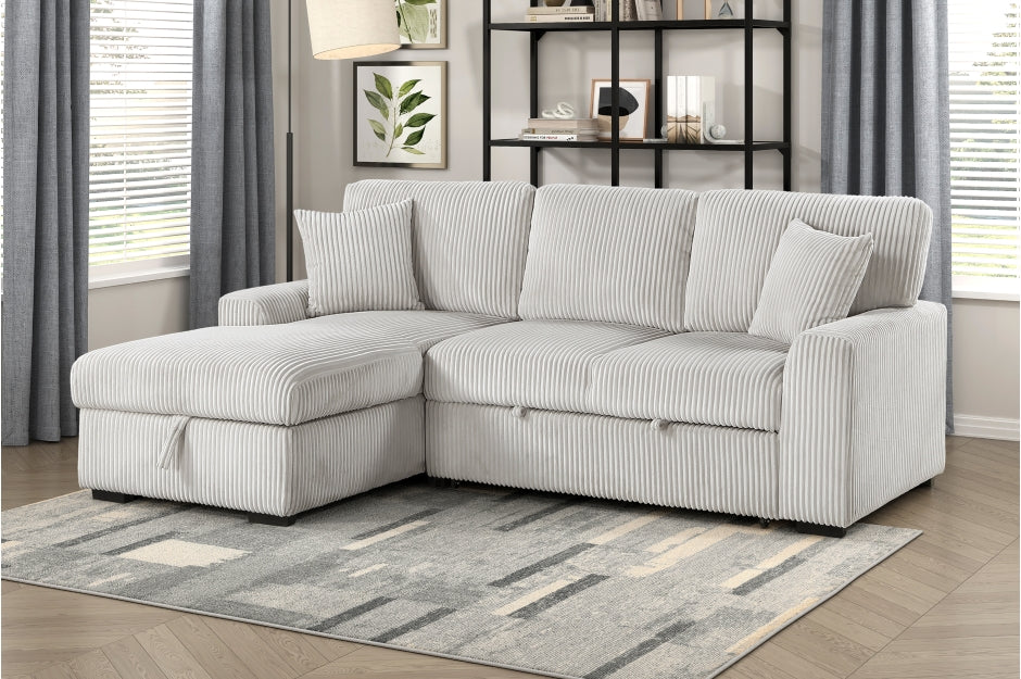Homelegance 9633MNB-2LC2R 2 pc Marsh grey corduroy fabric sectional sofa pop up sleep area storage chaise