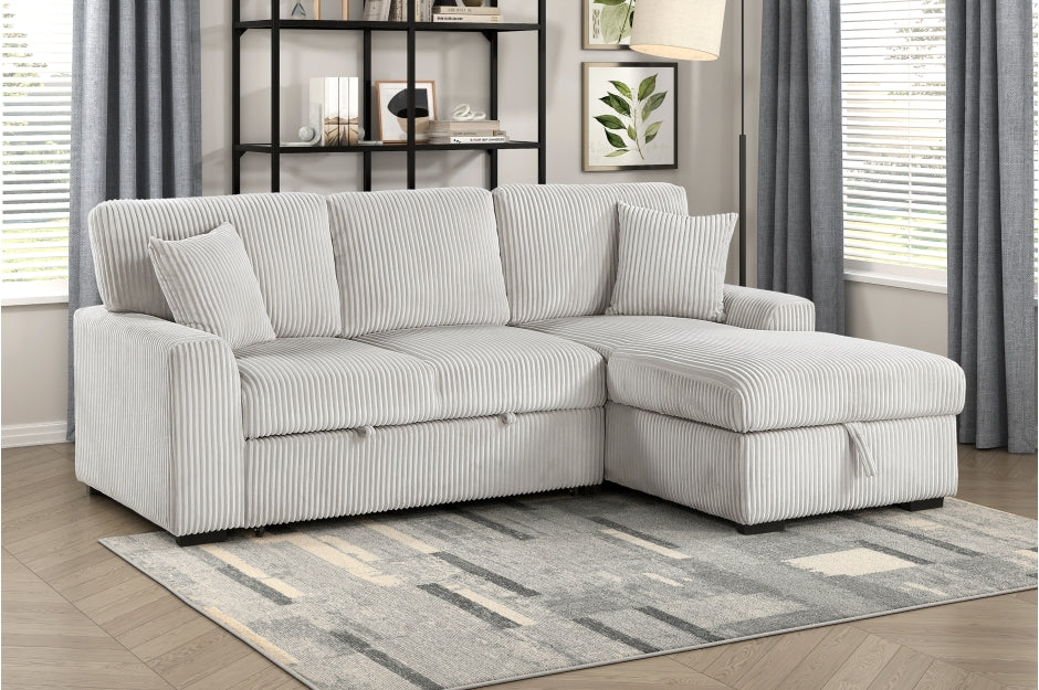 Homelegance 9633MNB-22LRC 2 pc Marsh grey corduroy fabric sectional sofa pop up sleep area storage chaise