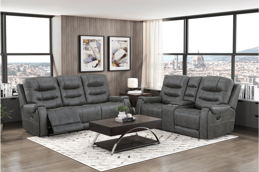 Homelegance 9634DGY-SL 2 pc Hazen dark grey polished microfiber fabric sofa and love seat set with recliner ends cup console