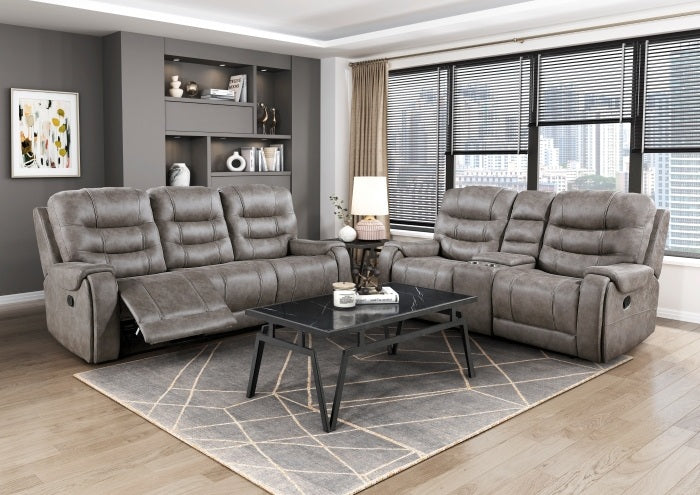 Homelegance 9634GBR-SL 2 pc Hazen greyish brown polished microfiber fabric sofa and love seat set with recliner ends cup console