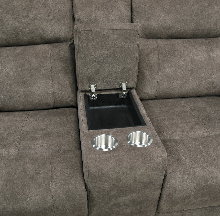 9635BR-2PC 2 pc Muncie brown textured microfiber motion sofa and love seat set cup holder console