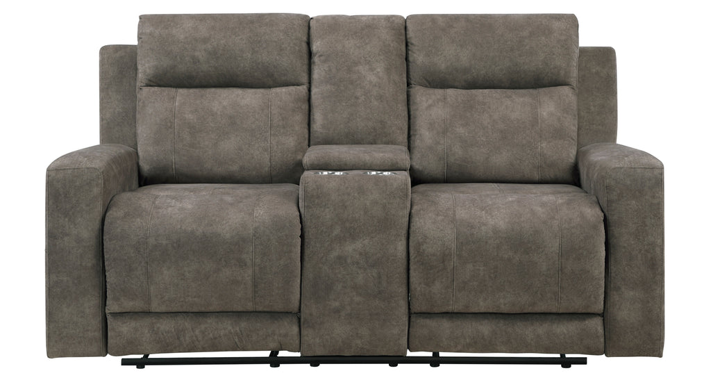9635BR-2PC 2 pc Muncie brown textured microfiber motion sofa and love seat set cup holder console