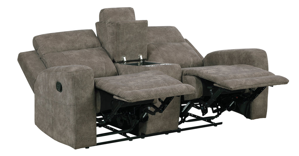 9635BR-2PC 2 pc Muncie brown textured microfiber motion sofa and love seat set cup holder console