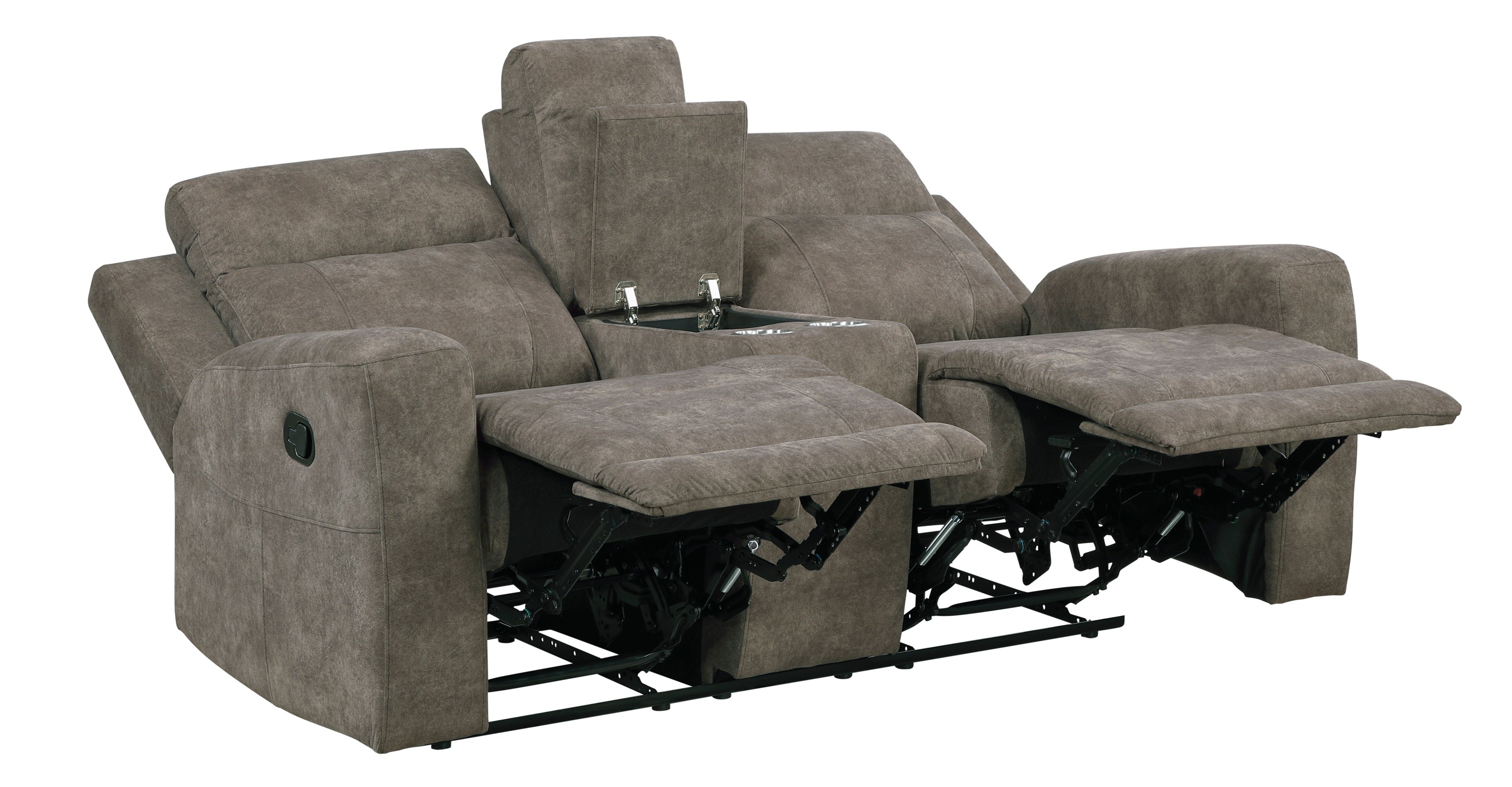 9635BR-2PC 2 pc Muncie brown textured microfiber motion sofa and love seat set cup holder console