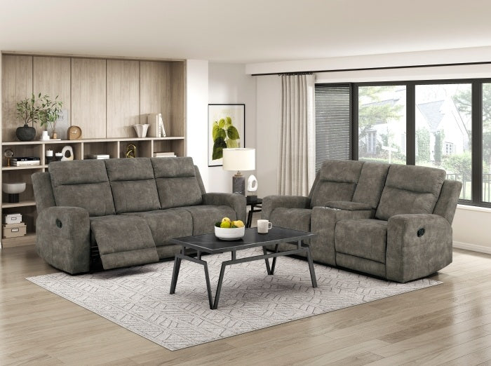 9635BR-2PC 2 pc Muncie brown textured microfiber motion sofa and love seat set cup holder console