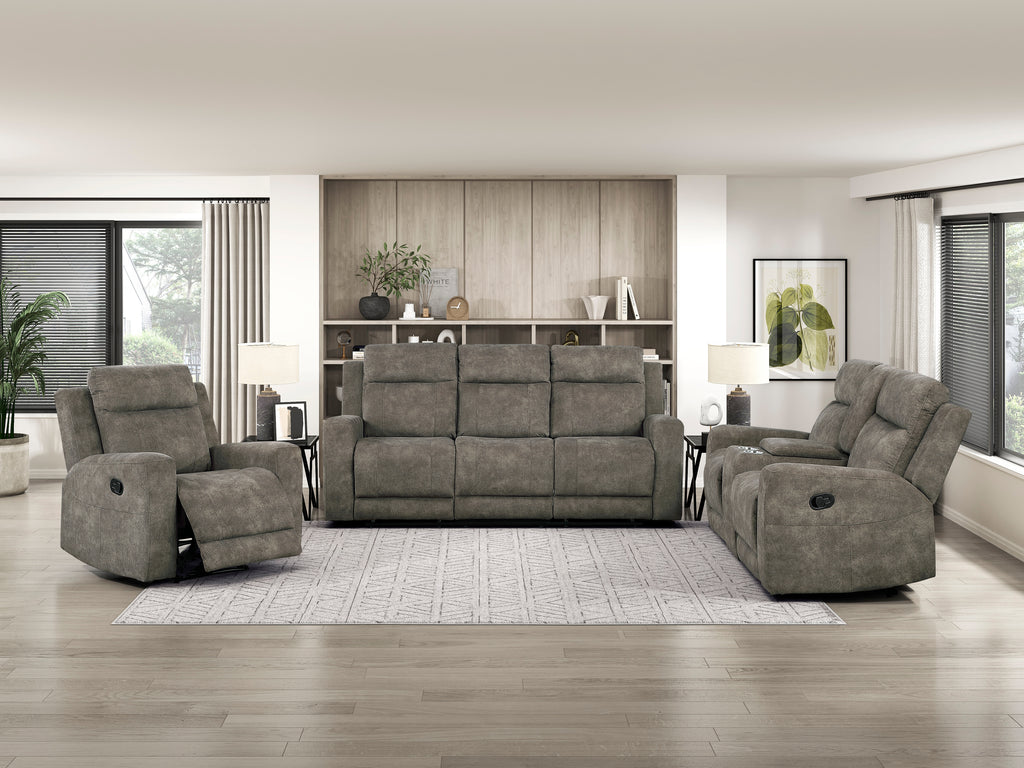 9635BR-2PC 2 pc Muncie brown textured microfiber motion sofa and love seat set cup holder console
