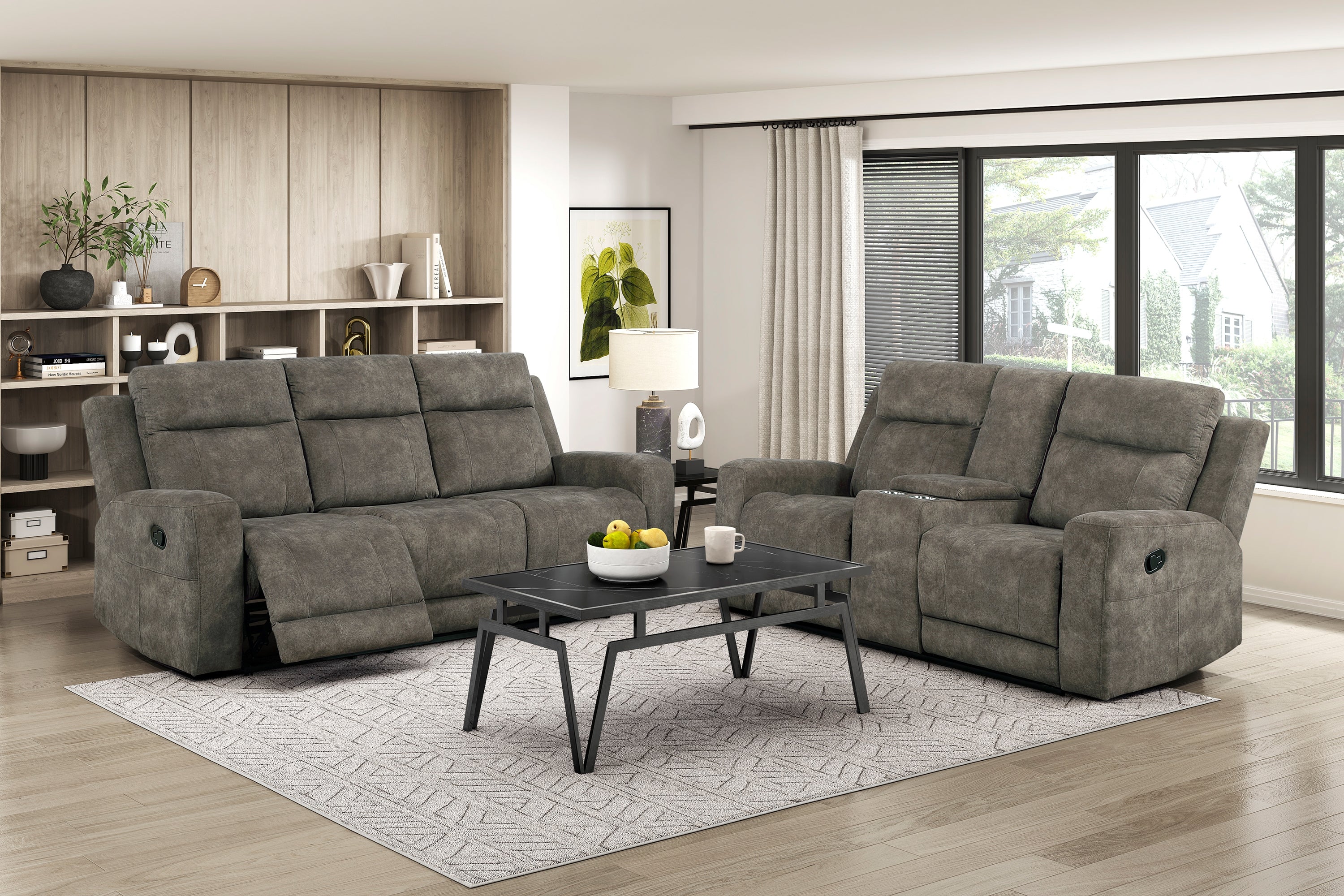 9635BR-2PC 2 pc Muncie brown textured microfiber motion sofa and love seat set cup holder console