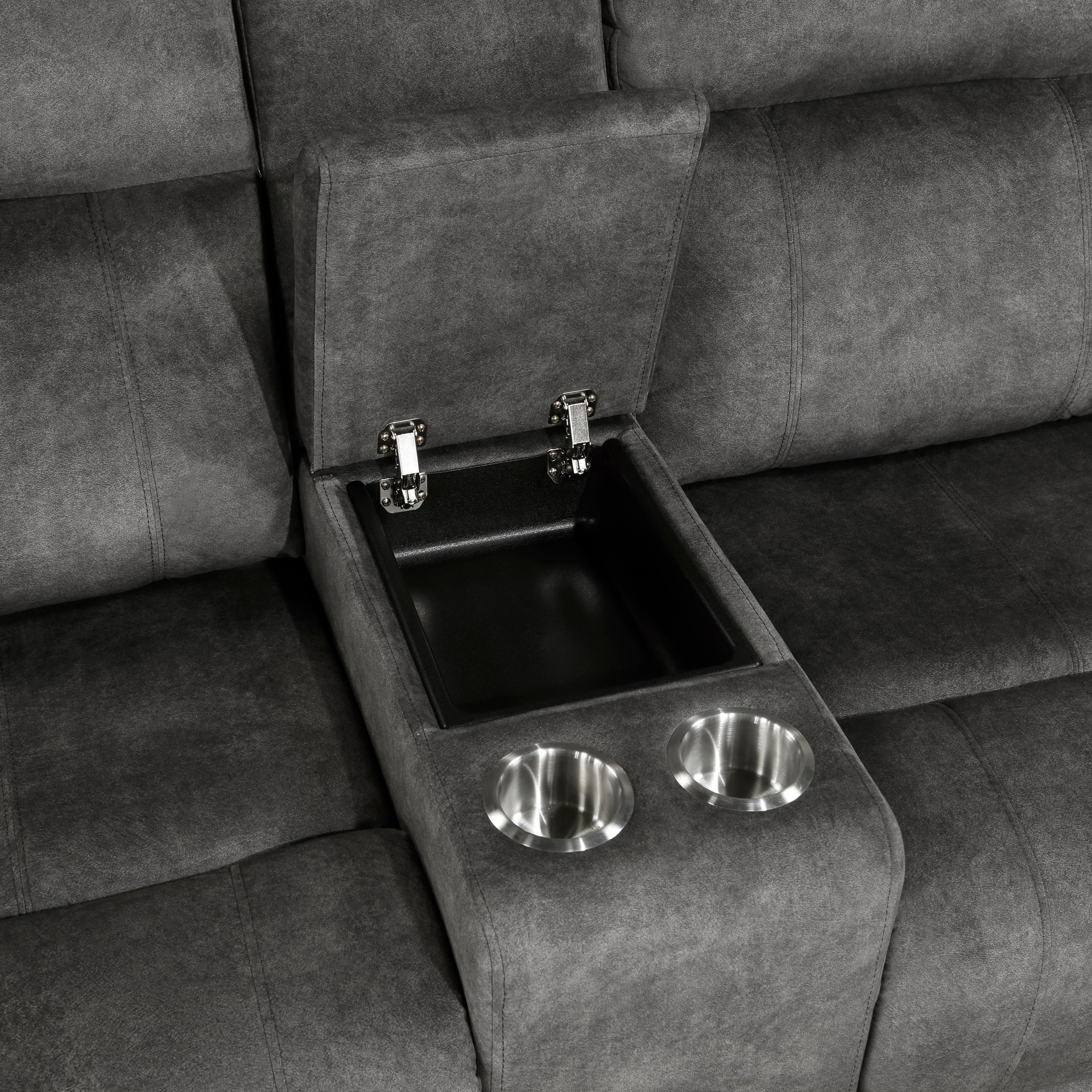 9635DG-2PC 2 pc Muncie dark grey textured microfiber motion sofa and love seat set cup holder console