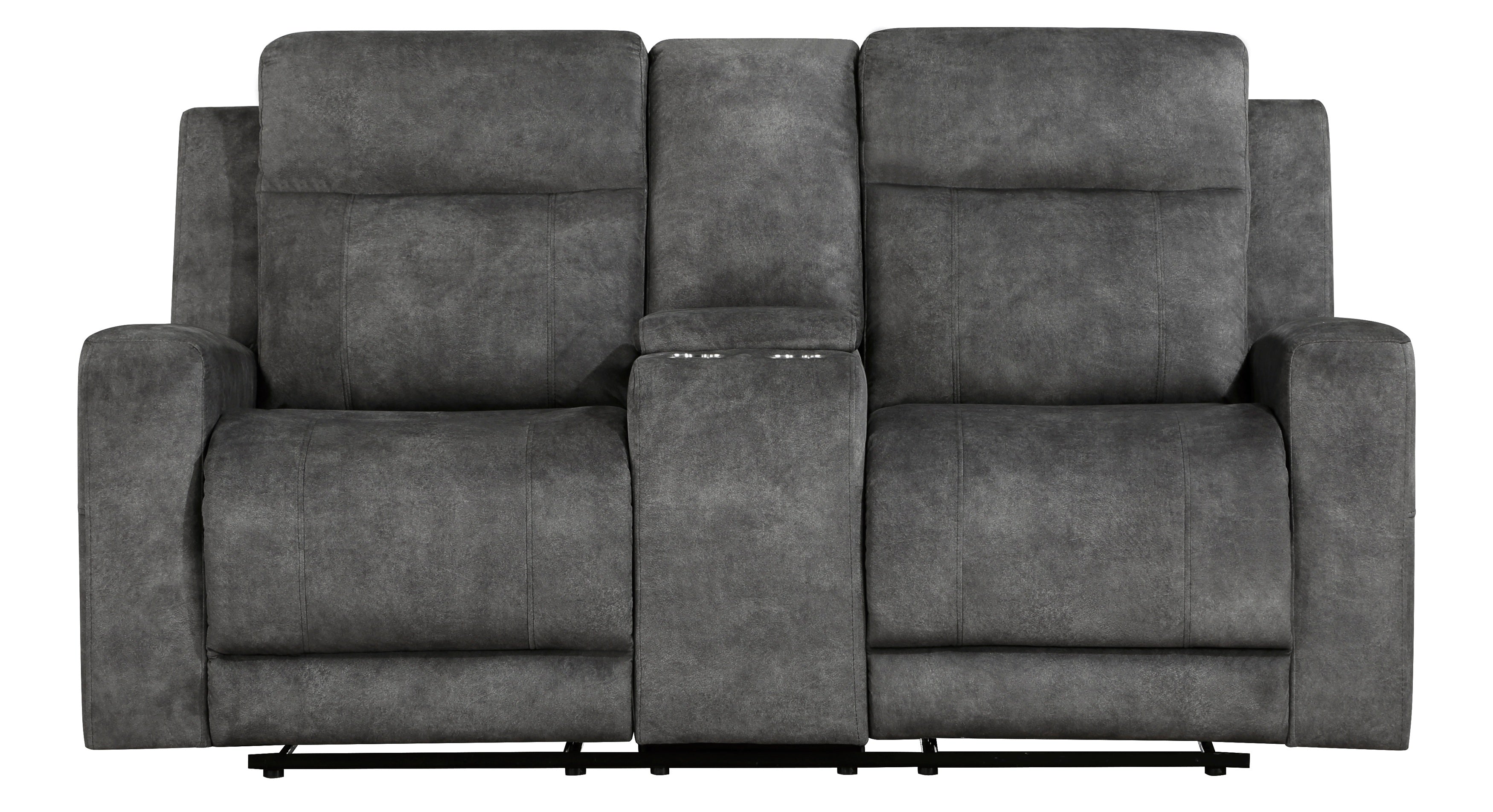 9635DG-2PC 2 pc Muncie dark grey textured microfiber motion sofa and love seat set cup holder console