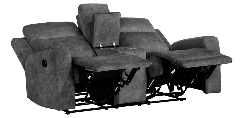 9635DG-2PC 2 pc Muncie dark grey textured microfiber motion sofa and love seat set cup holder console