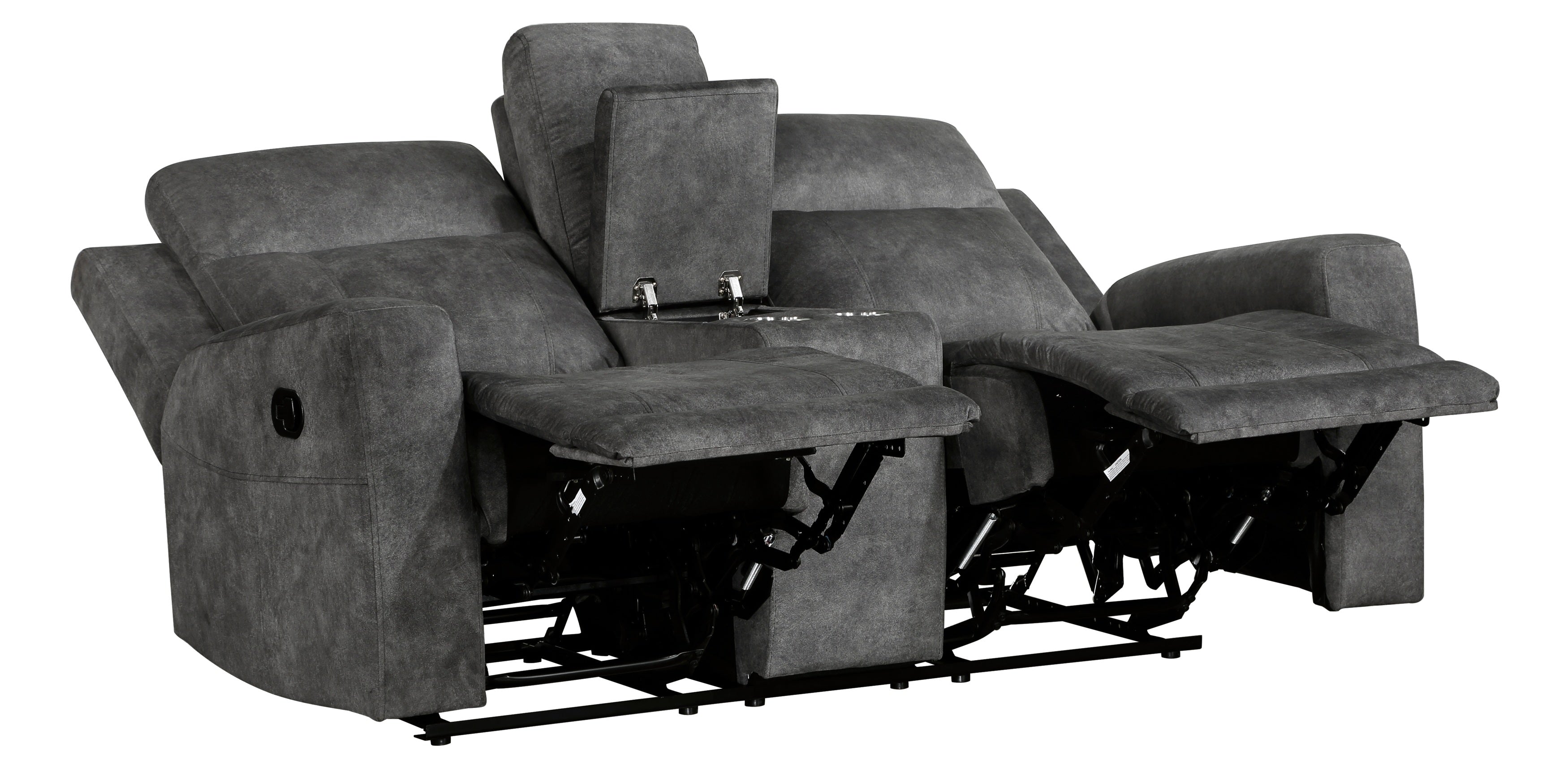 9635DG-2PC 2 pc Muncie dark grey textured microfiber motion sofa and love seat set cup holder console