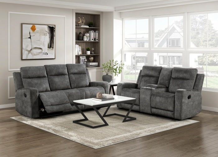 9635DG-2PC 2 pc Muncie dark grey textured microfiber motion sofa and love seat set cup holder console
