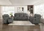 9635DG-2PC 2 pc Muncie dark grey textured microfiber motion sofa and love seat set cup holder console