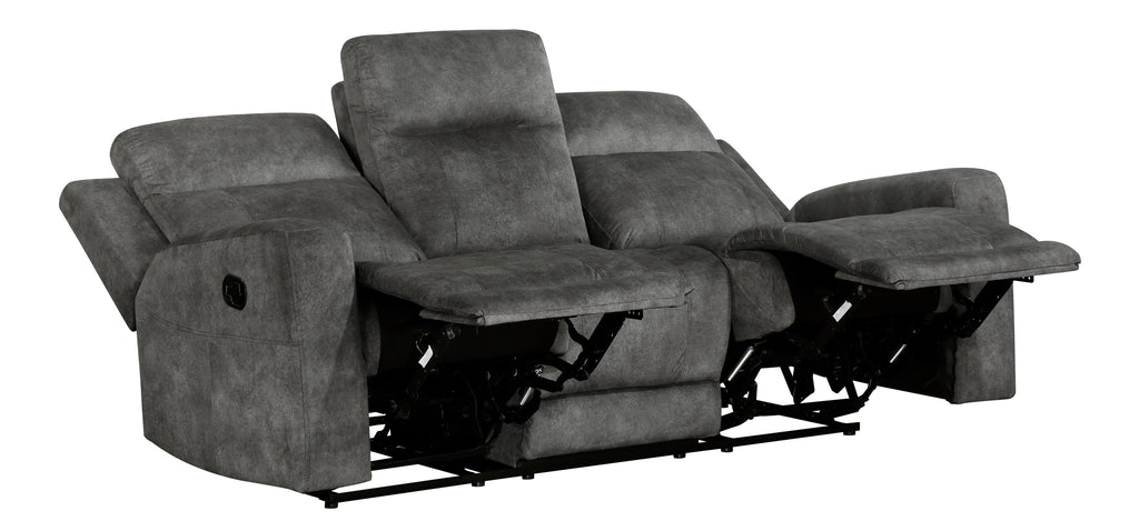 9635DG-2PC 2 pc Muncie dark grey textured microfiber motion sofa and love seat set cup holder console