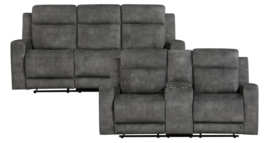 9635DG-2PC 2 pc Muncie dark grey textured microfiber motion sofa and love seat set cup holder console