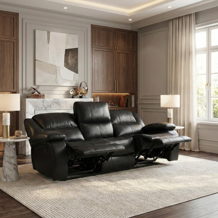 Homelegance 9639BK-2PC 2 pc Ellicott black top grain leather match motion sofa and love seat set recliner ends