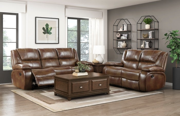 Homelegance 9639BR-2PC 2 pc Ellicott brown top grain leather match motion sofa and love seat set recliner ends