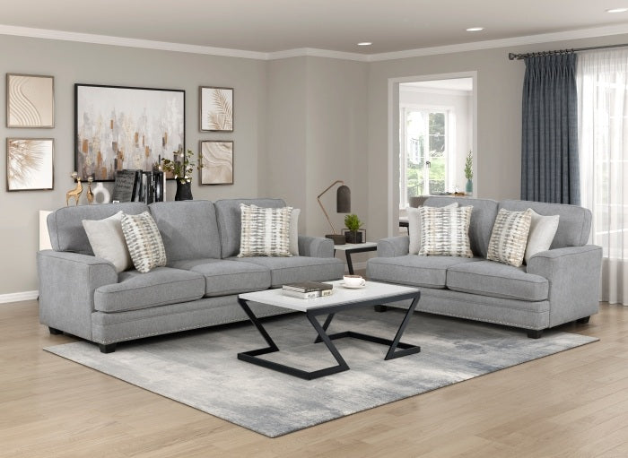 Homelegance Bradford Grey Chenille Sofa and Love Seat Set with Set-Back Arms – 9648GY-2PC